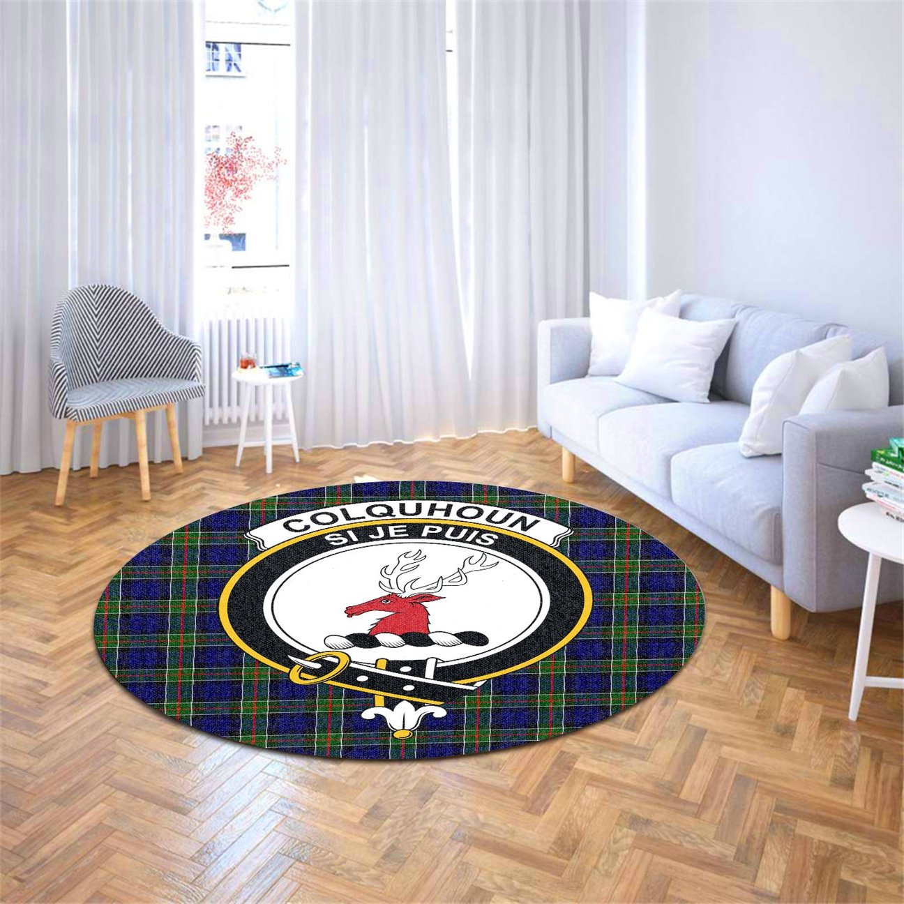 Colquhoun Modern Tartan Crest Round Rug