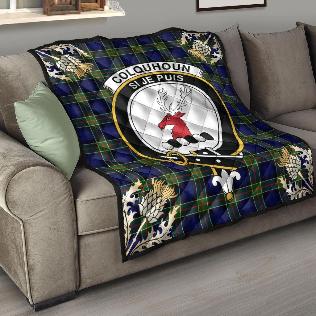 Colquhoun Modern Tartan Crest Premium Quilt - Gold Thistle Style