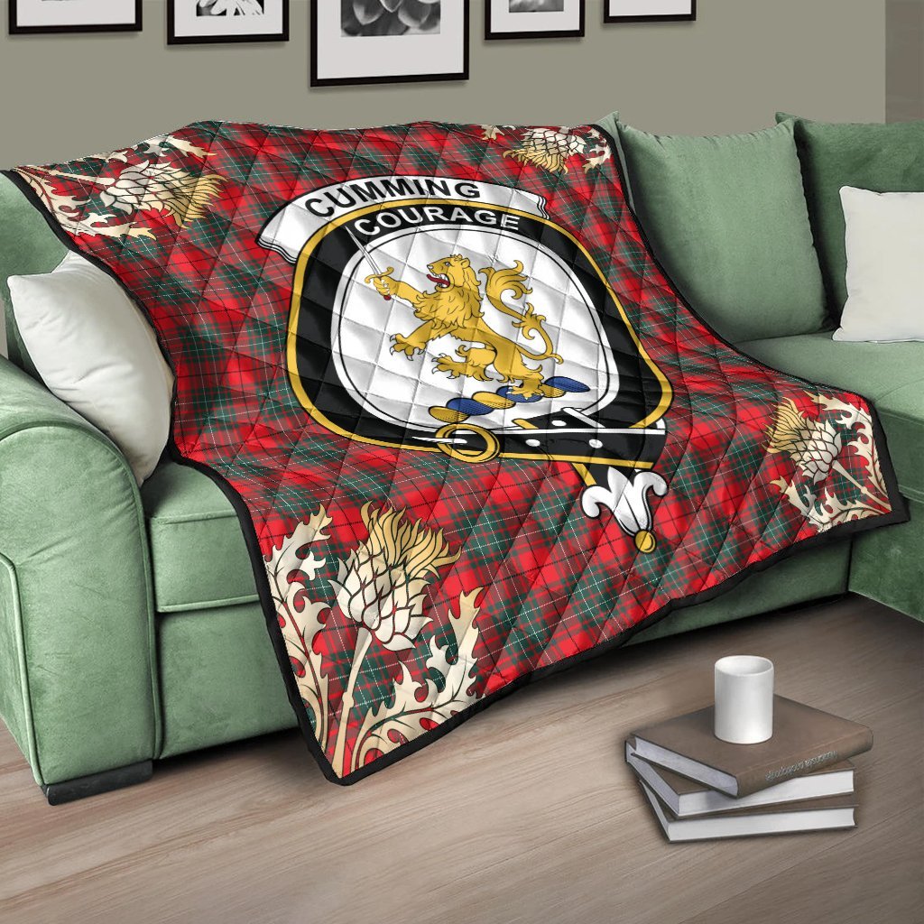 Cumming Modern Tartan Crest Premium Quilt - Gold Thistle Style