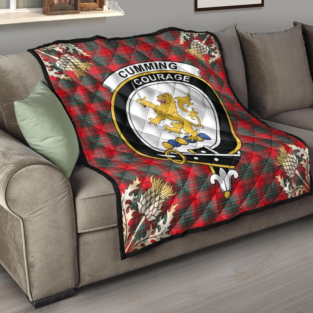 Cumming Modern Tartan Crest Premium Quilt - Gold Thistle Style