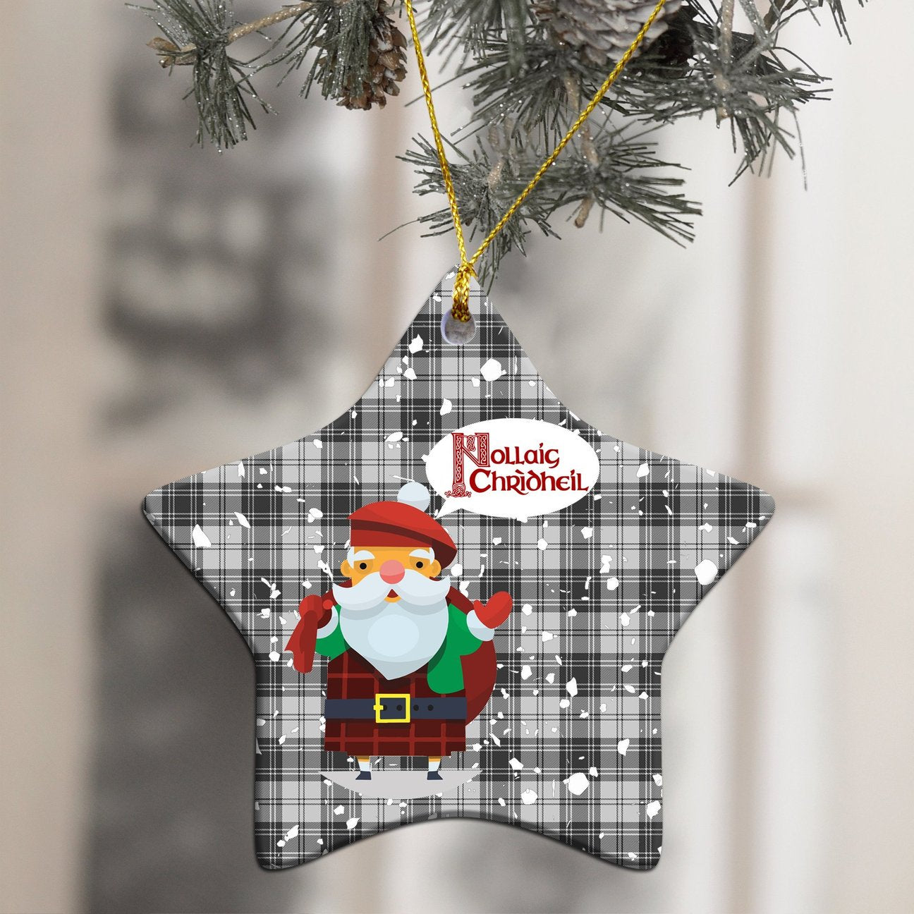 Douglas Grey Modern Tartan Christmas Ceramic Ornament - Santa Style