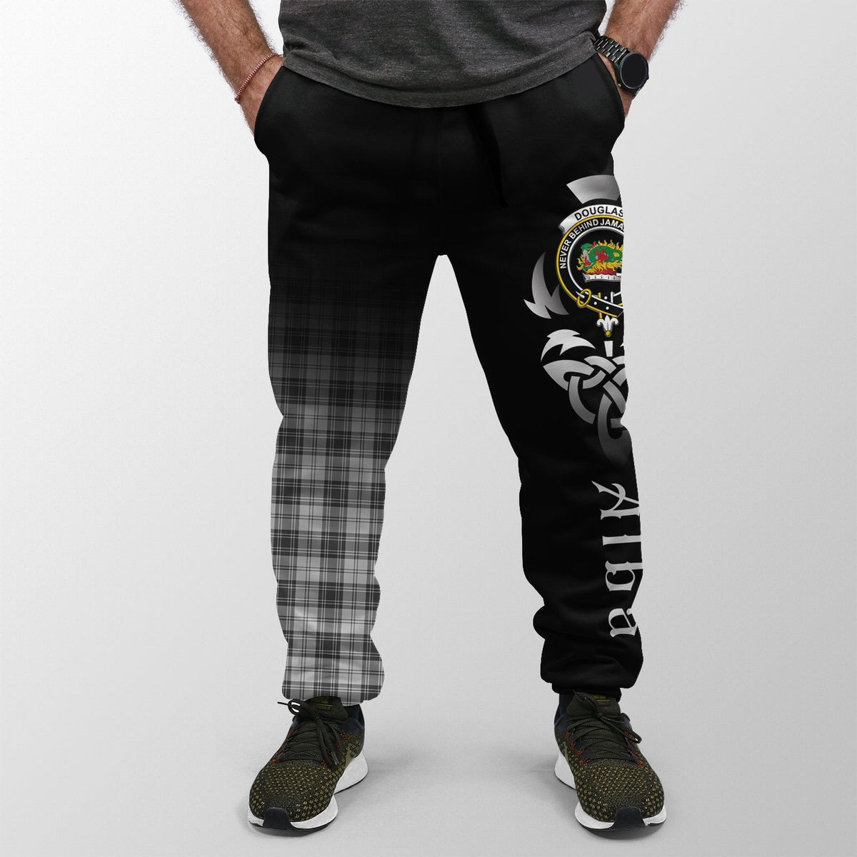 Douglas Grey Modern Tartan Crest Jogger Sweatpants - Alba Celtic Style