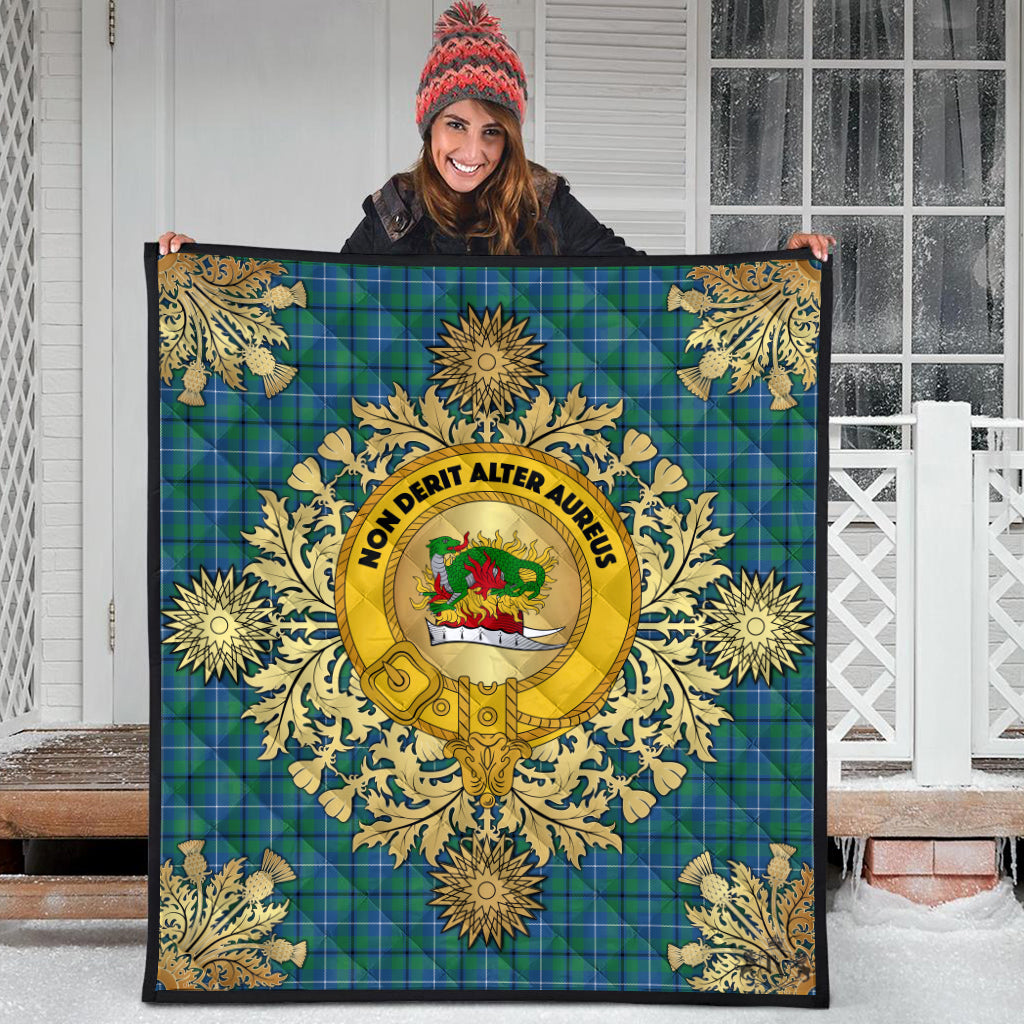 Douglas Ancient Tartan Crest Premium Quilt - Gold Thistle Style