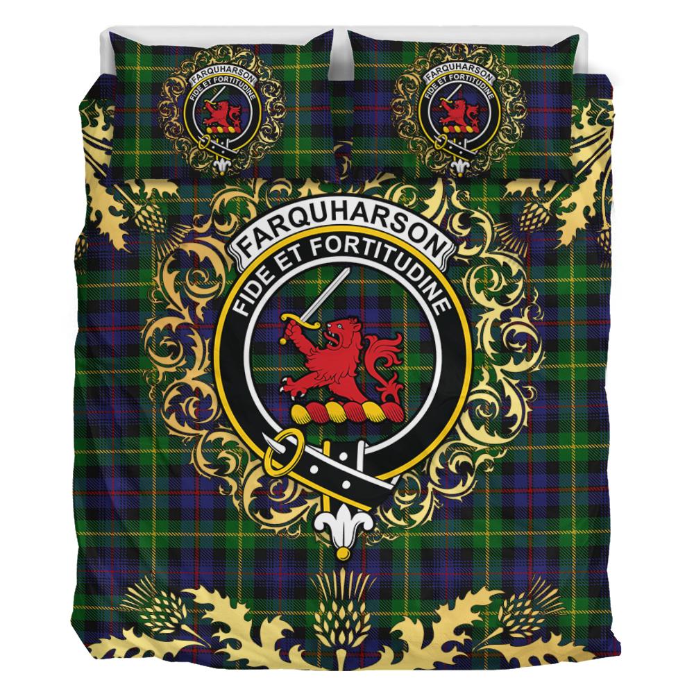 Farquharson Tartan Crest Bedding Set - Golden Thistle Style