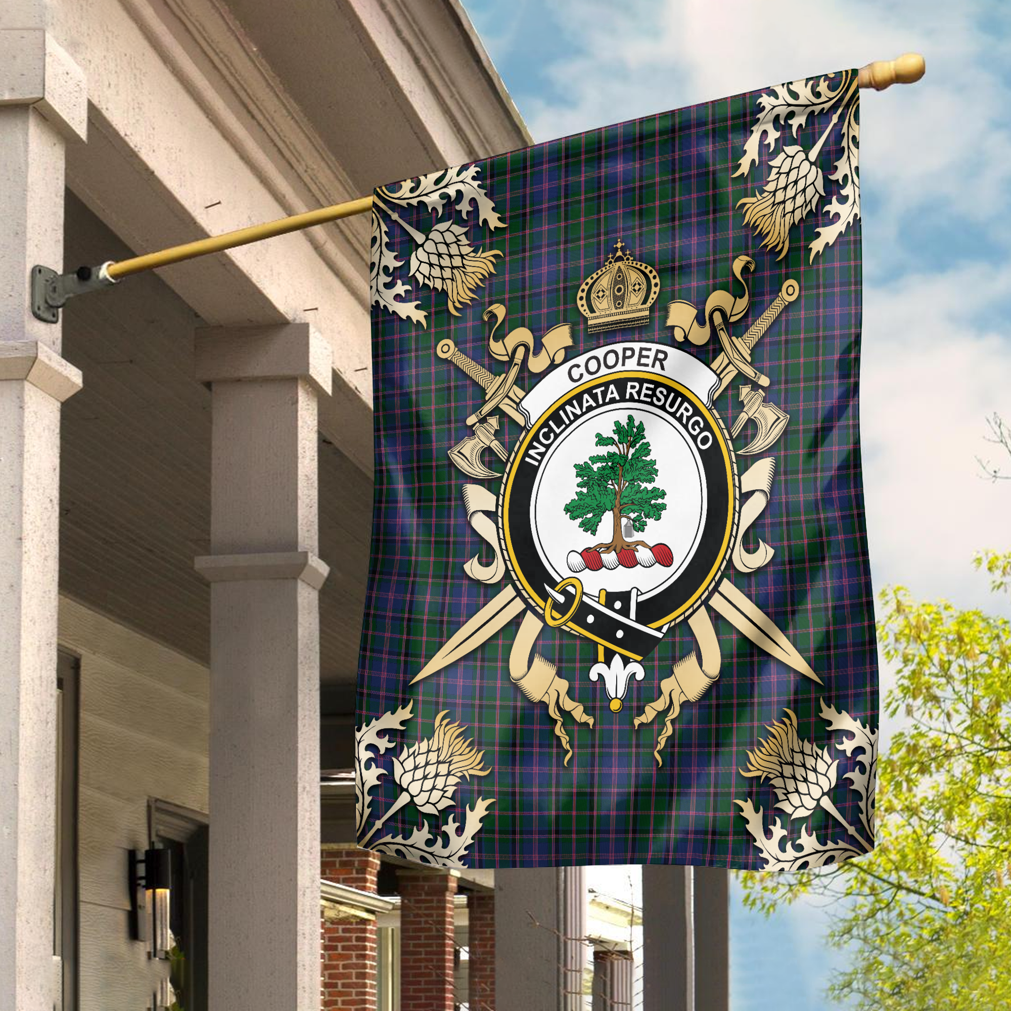 Cooper Tartan Crest 2 Garden Flag - Gold Thistle Style