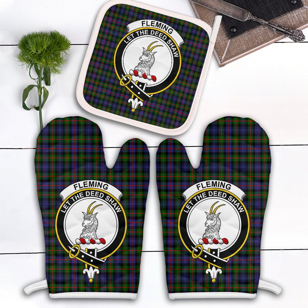 Fleming Tartan Crest Oven Mitt And Pot Holder (2 Oven Mitts + 1 Pot Holder)