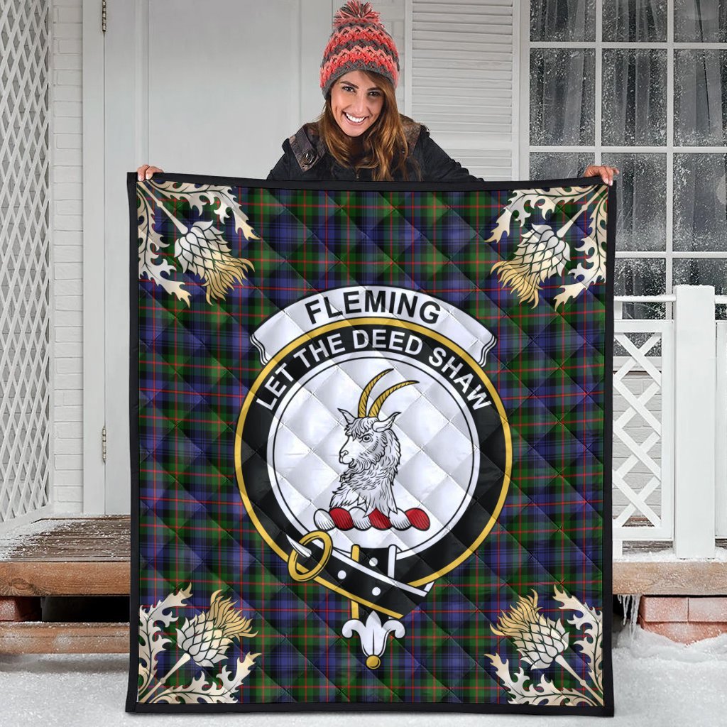 Fleming Tartan Crest Premium Quilt - Gold Thistle Style