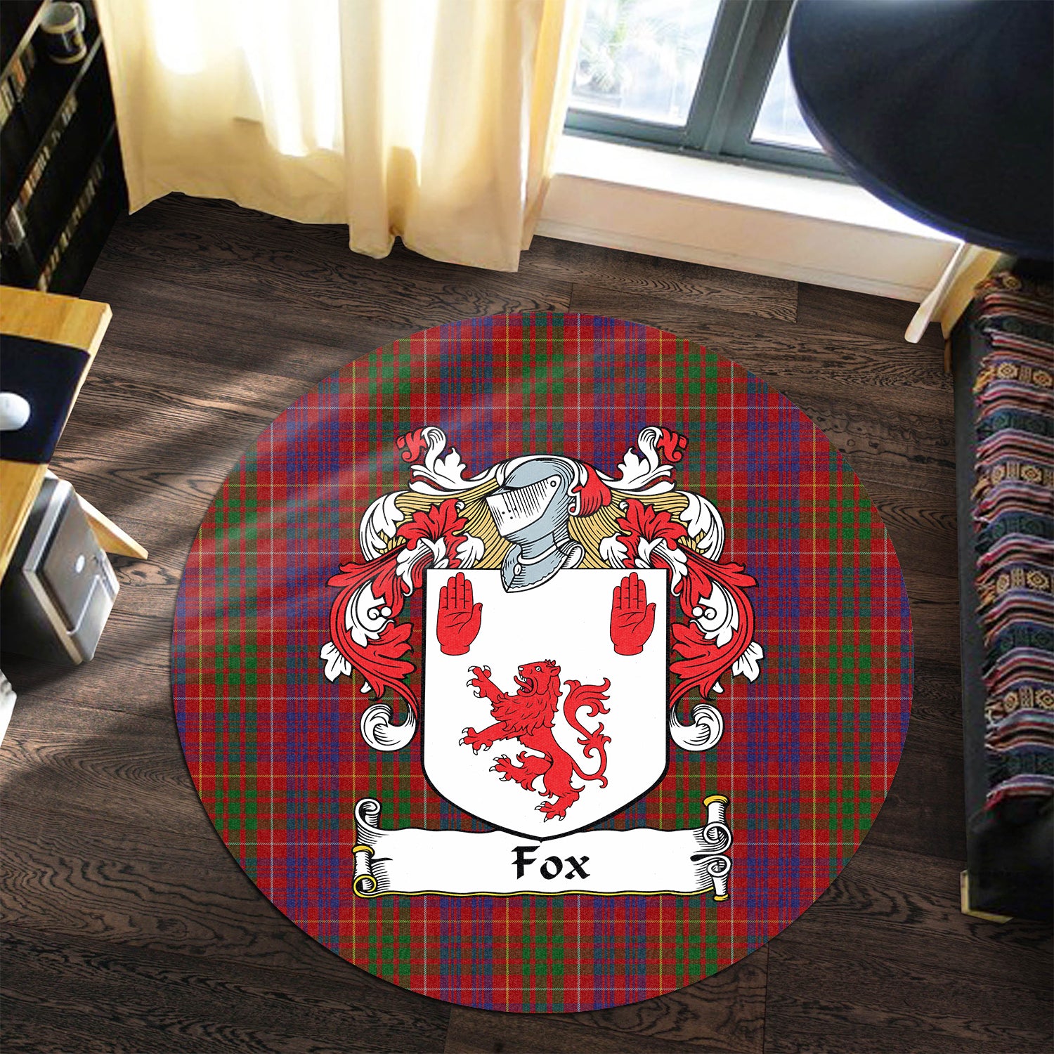 Fox Red Tartan Coat Of Arms Round Rug