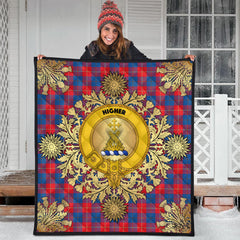 Galloway Red Tartan Crest Premium Quilt - Gold Thistle Style