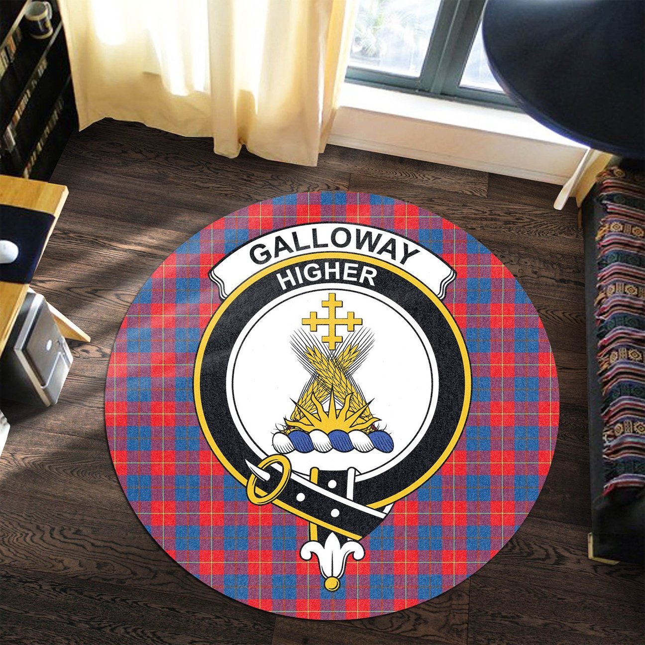 Galloway Red Tartan Crest Round Rug