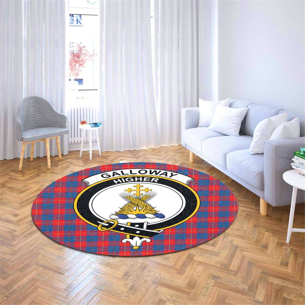 Galloway Red Tartan Crest Round Rug