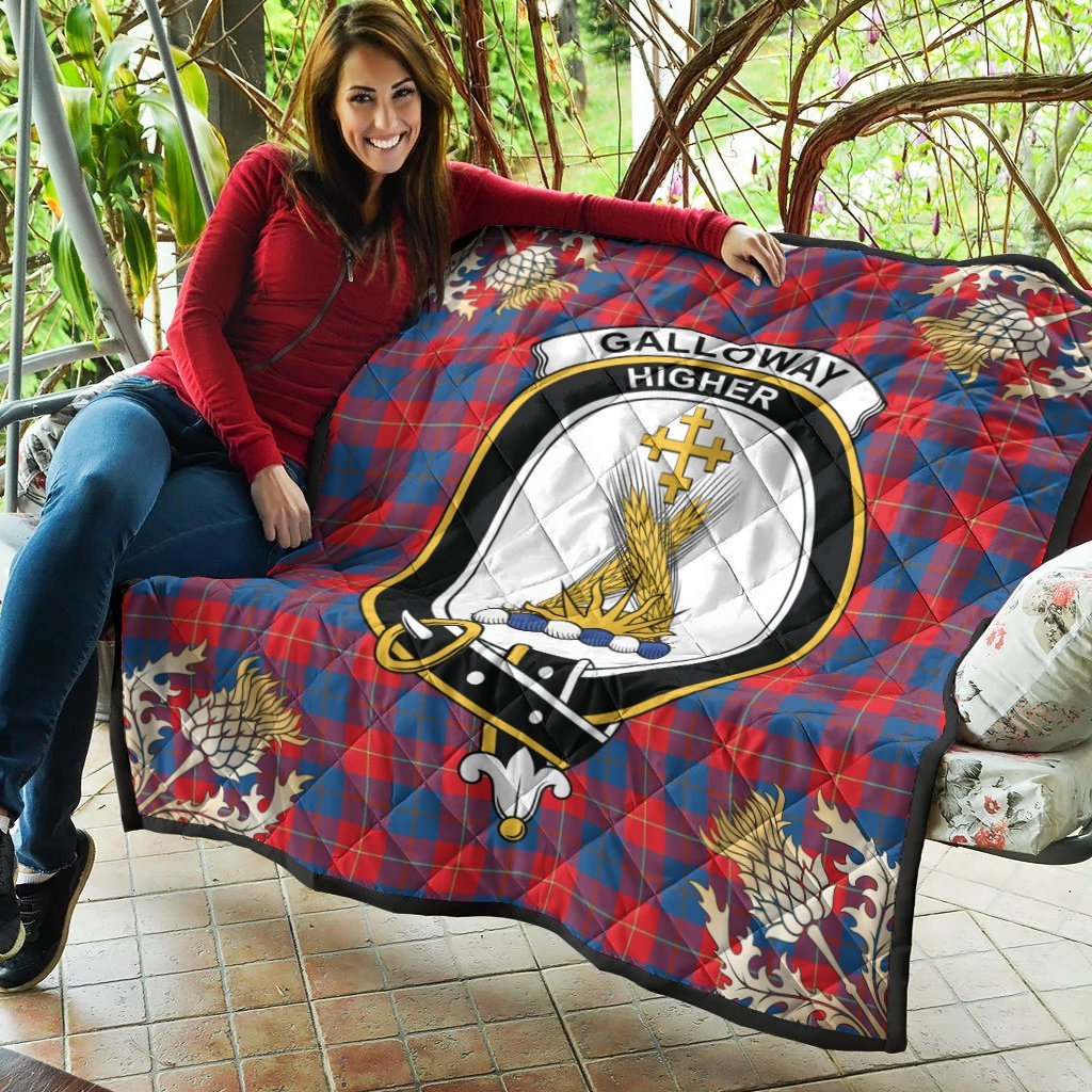 Galloway Red Tartan Crest Premium Quilt - Gold Thistle Style