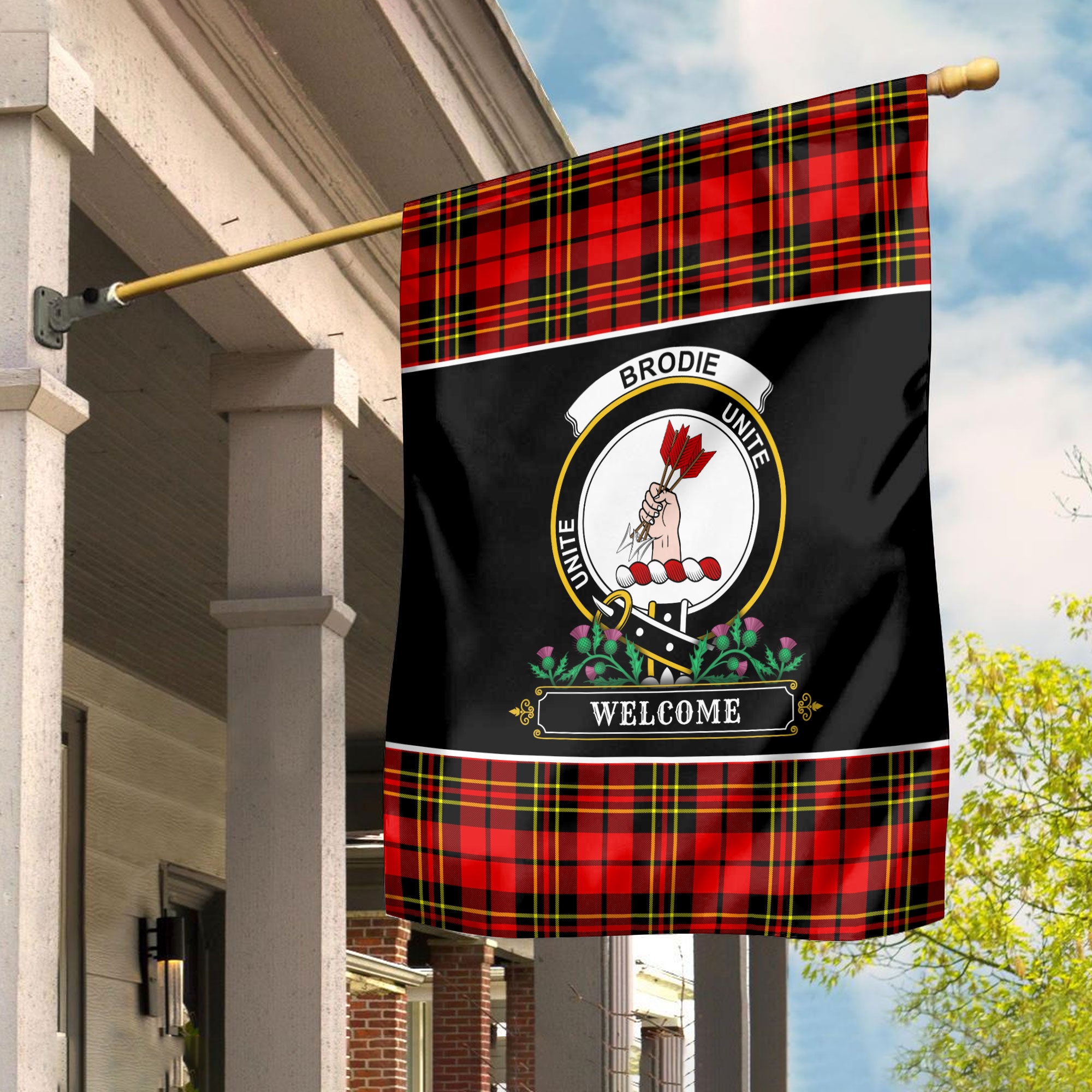 Brodie Modern Tartan Crest Garden Flag - Welcome Style