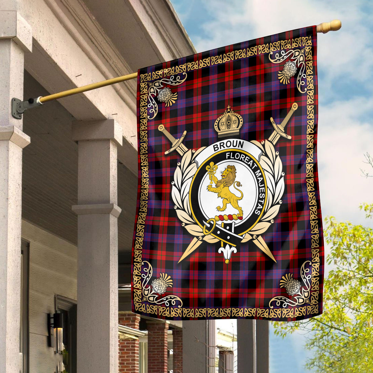 Brown Modern Tartan Crest Garden Flag - Celtic Thistle Style