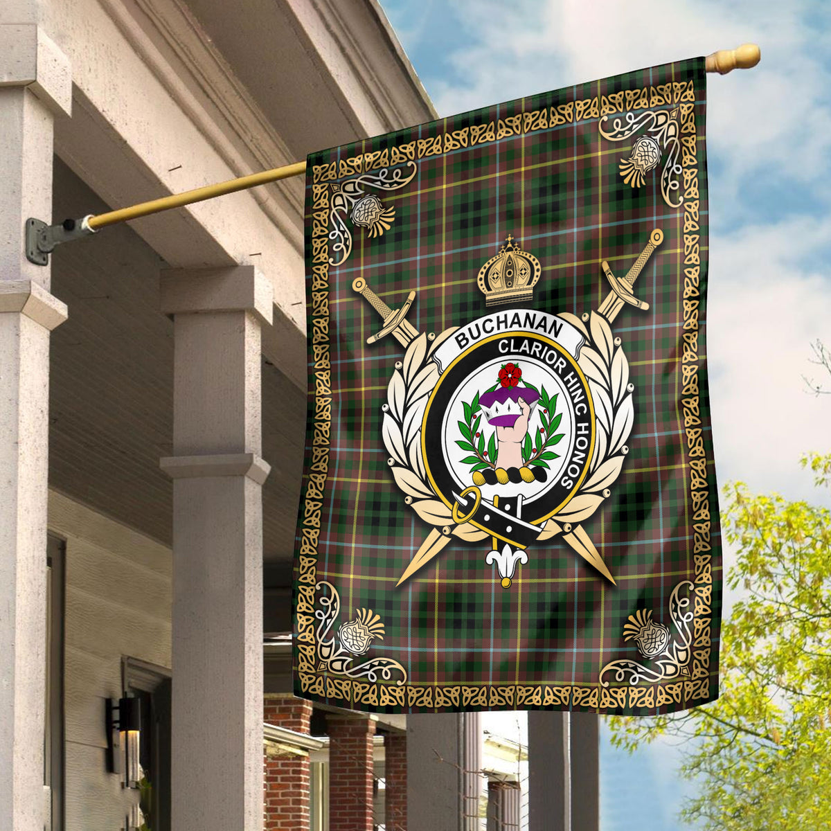 Buchanan Hunting Tartan Crest Garden Flag - Celtic Thistle Style