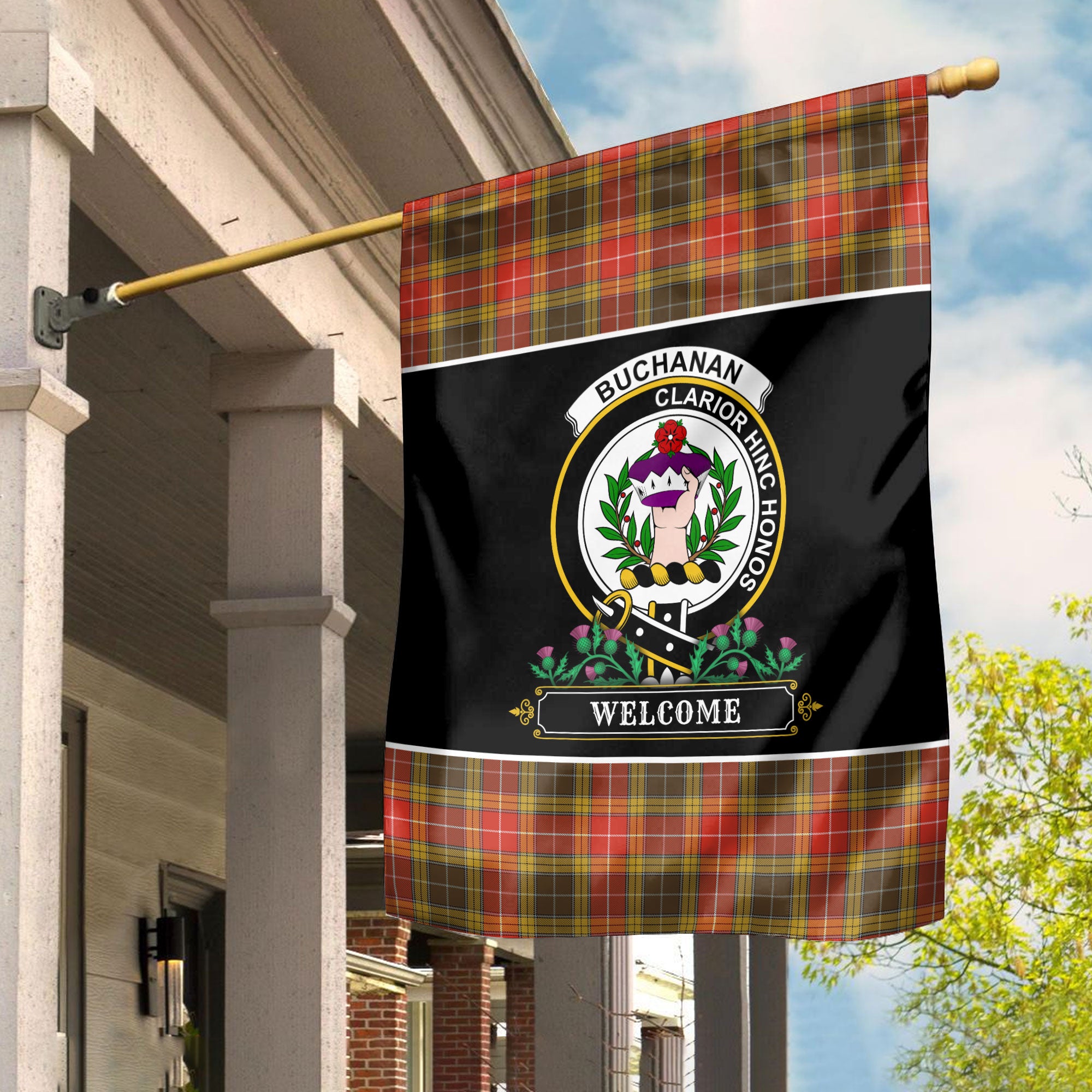 Buchanan Old Set Weathered Tartan Crest Garden Flag - Welcome Style