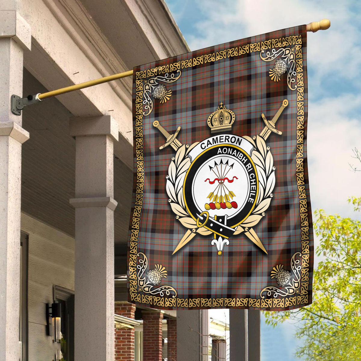 Cameron of Erracht Weathered Tartan Crest Garden Flag - Celtic Thistle Style