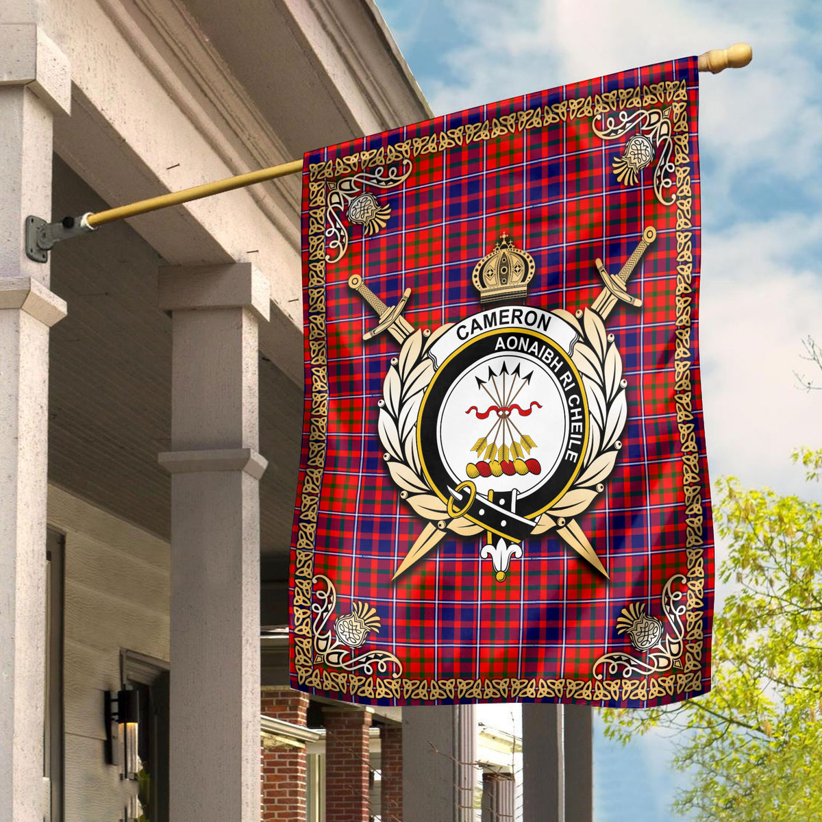 Cameron of Lochiel Modern Tartan Crest Garden Flag - Celtic Thistle Style