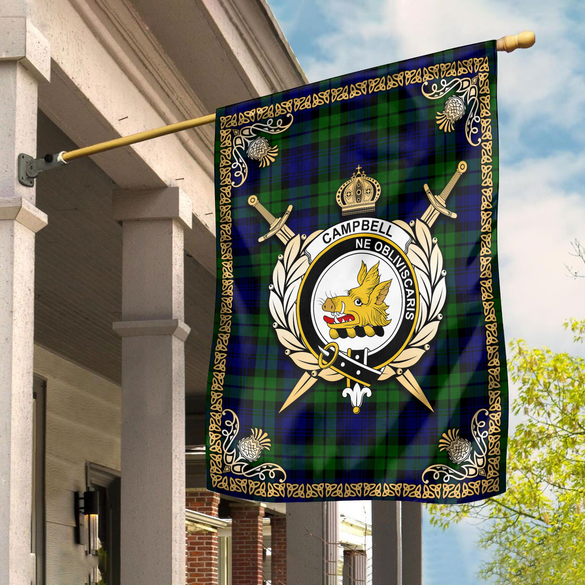 Campbell Modern Tartan Crest Garden Flag - Celtic Thistle Style