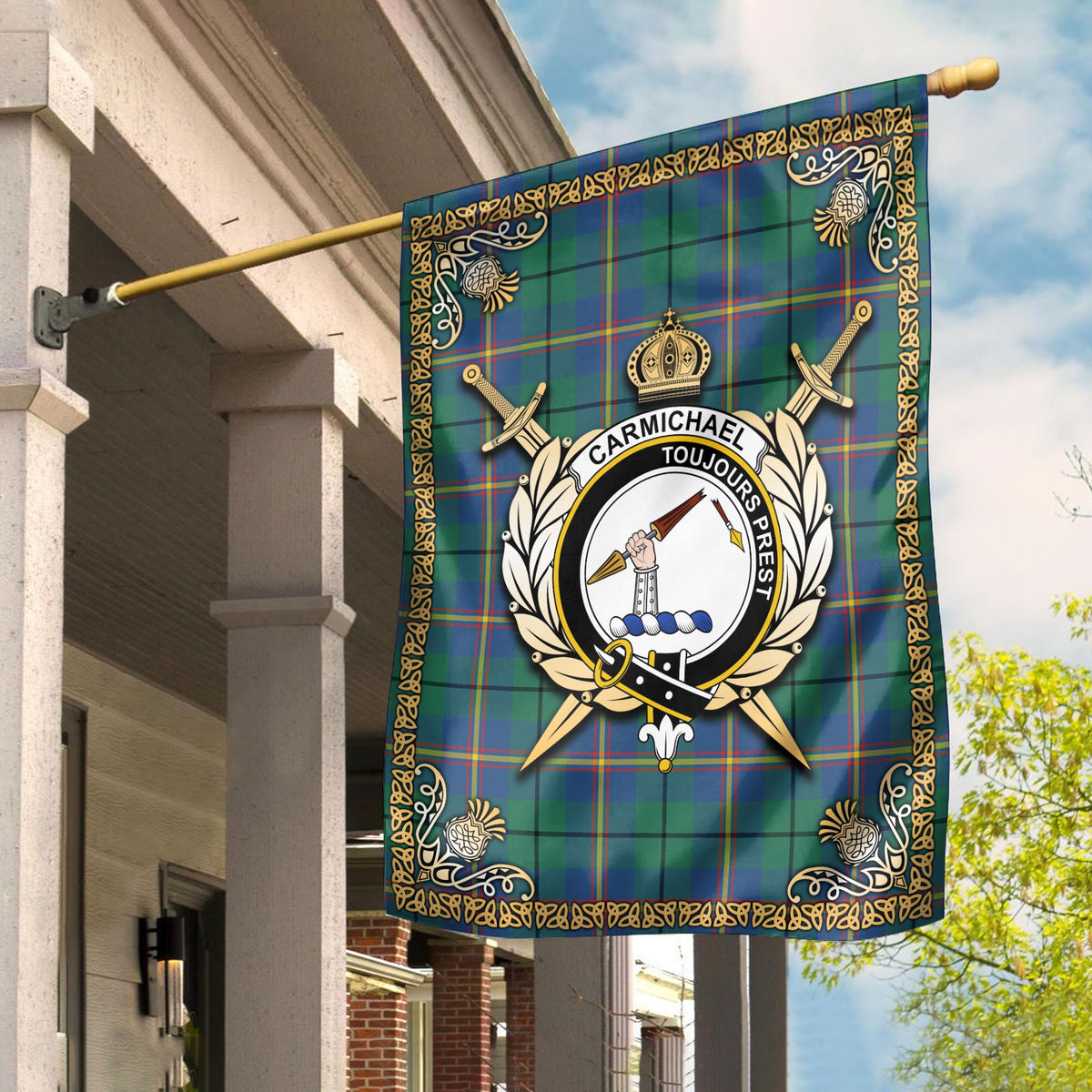 Carmichael Ancient Tartan Crest Garden Flag - Celtic Thistle Style