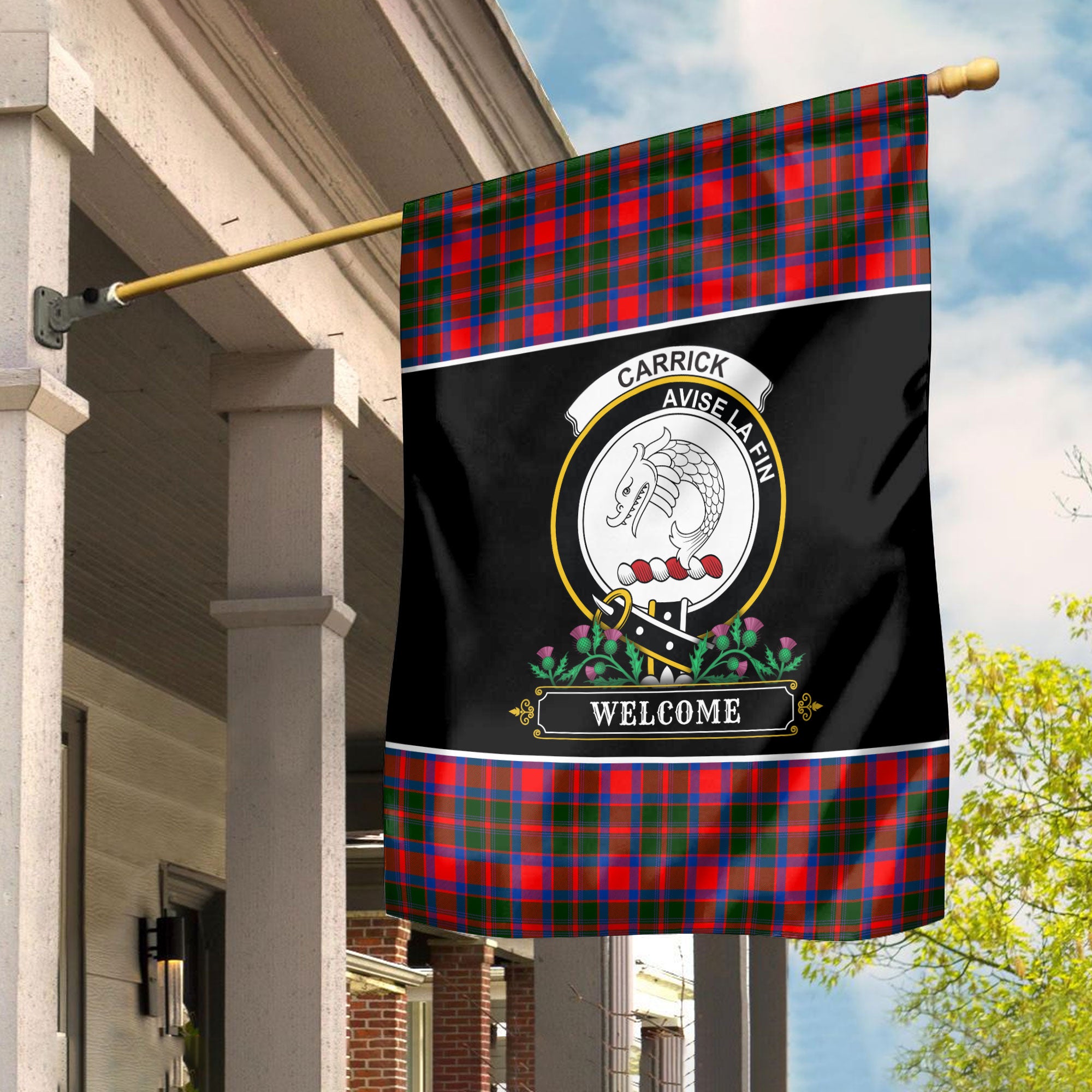 Carrick District Tartan Crest Garden Flag - Welcome Style