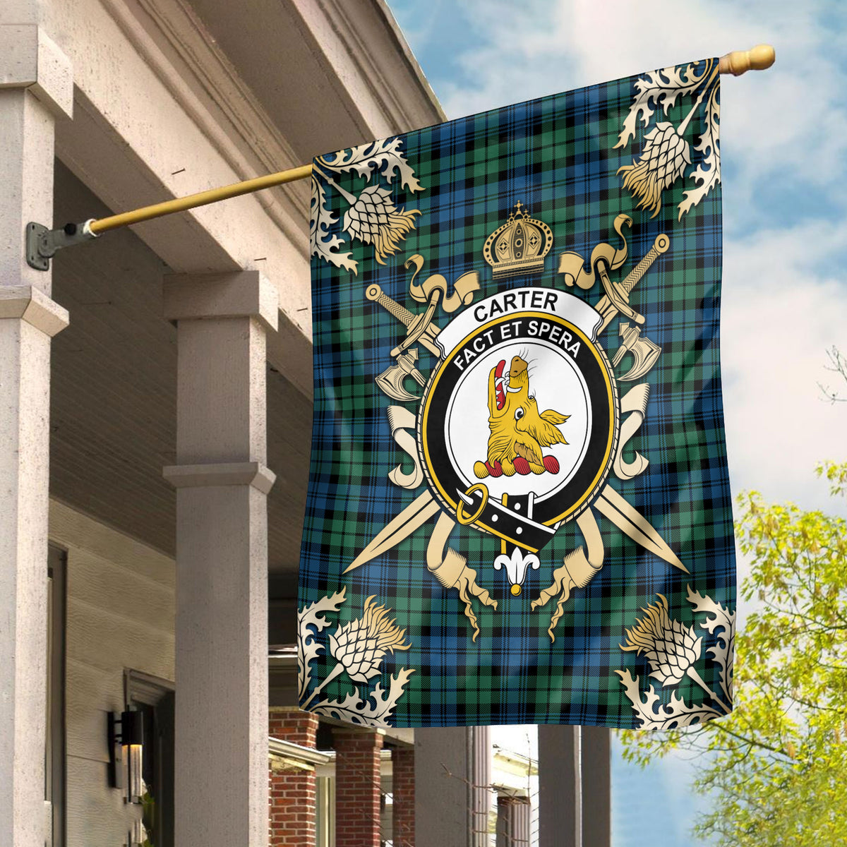 Carter Tartan Crest Black Garden Flag - Gold Thistle Style