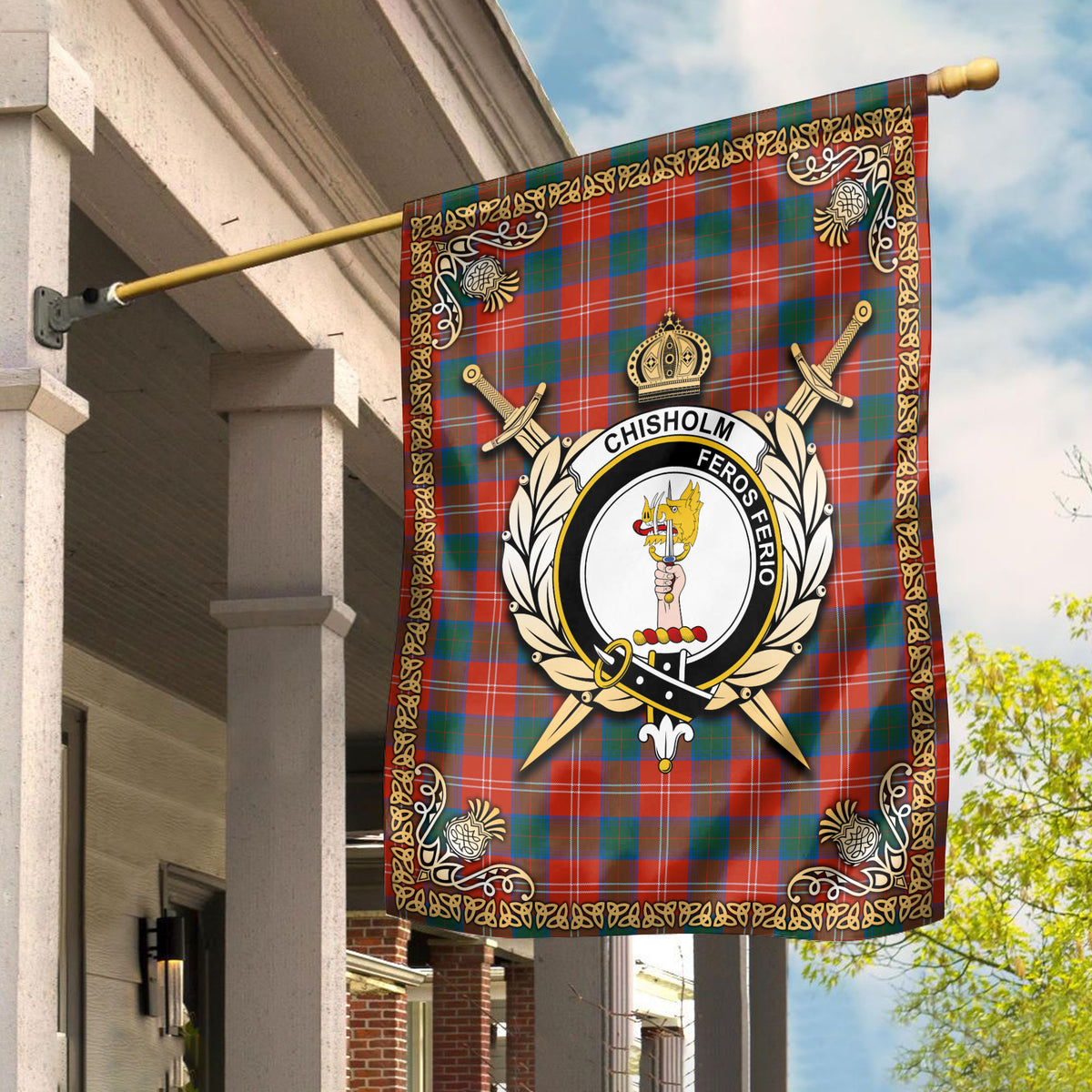 Chisholm Ancient Tartan Crest Garden Flag - Celtic Thistle Style