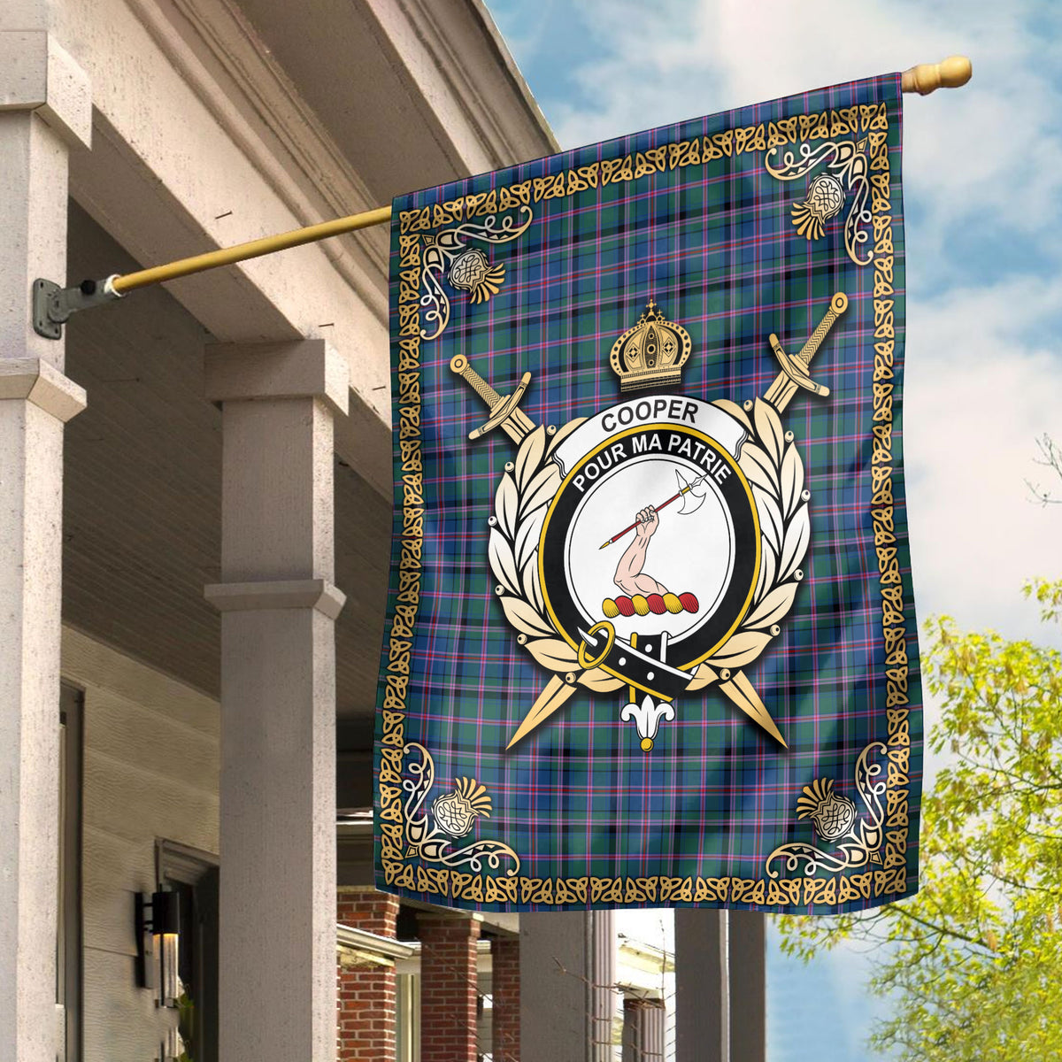 Cooper Ancient Tartan Crest Garden Flag - Celtic Thistle Style