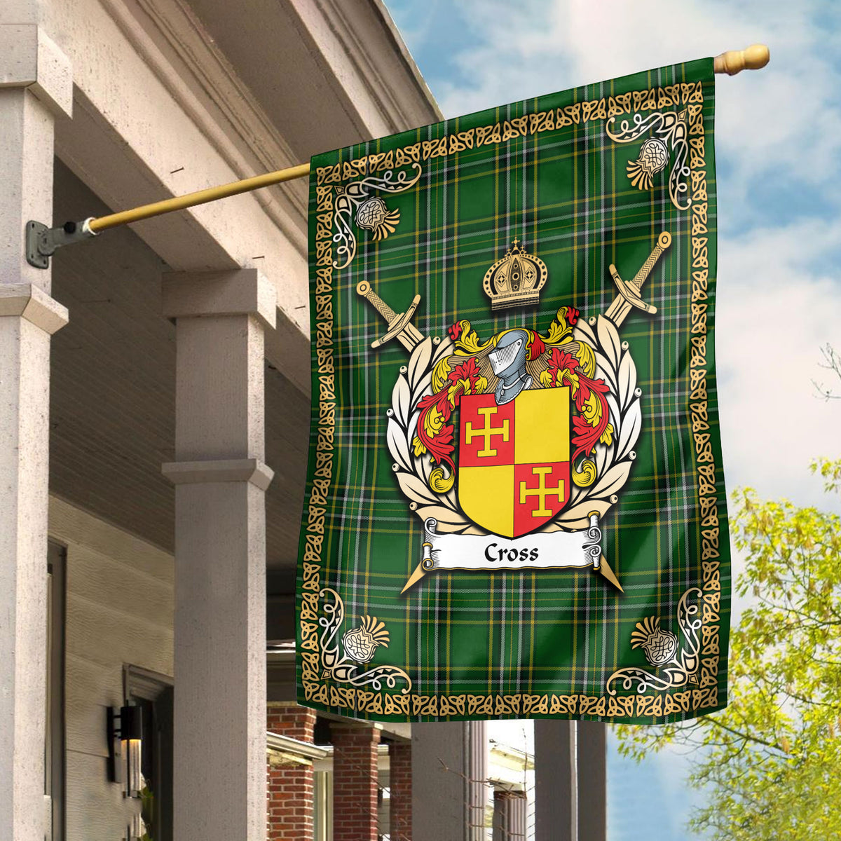 Cross Tartan Crest Black Garden Flag - Gold Thistle Style