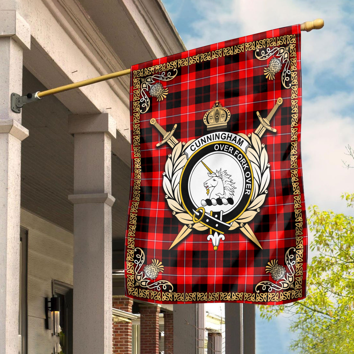 Cunningham Modern Tartan Crest Garden Flag - Celtic Thistle Style