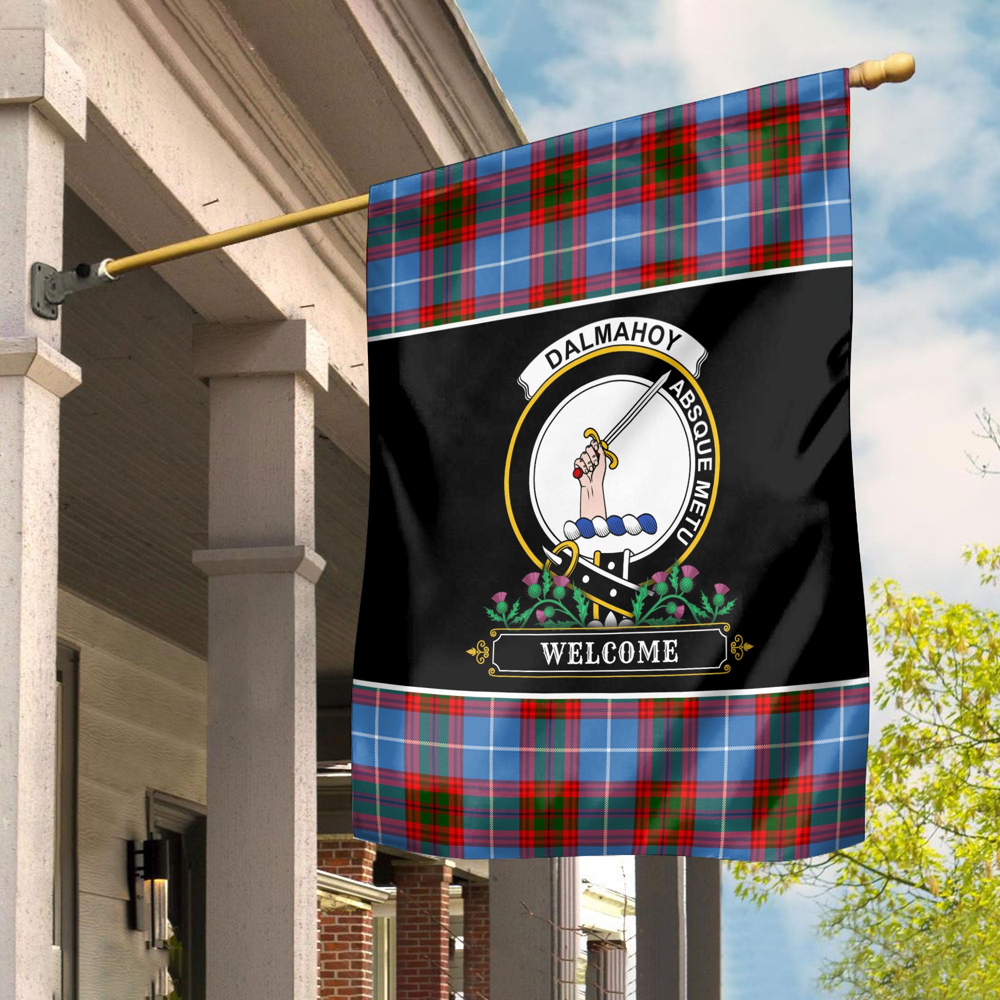 Dalmahoy Tartan Crest Garden Flag - Welcome Style