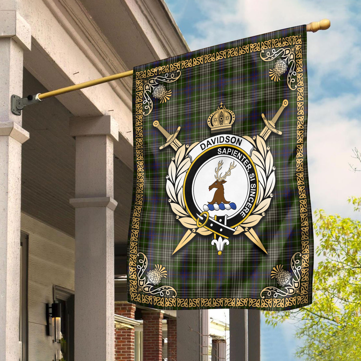 Davidson Tulloch Dress Tartan Crest Garden Flag - Celtic Thistle Style