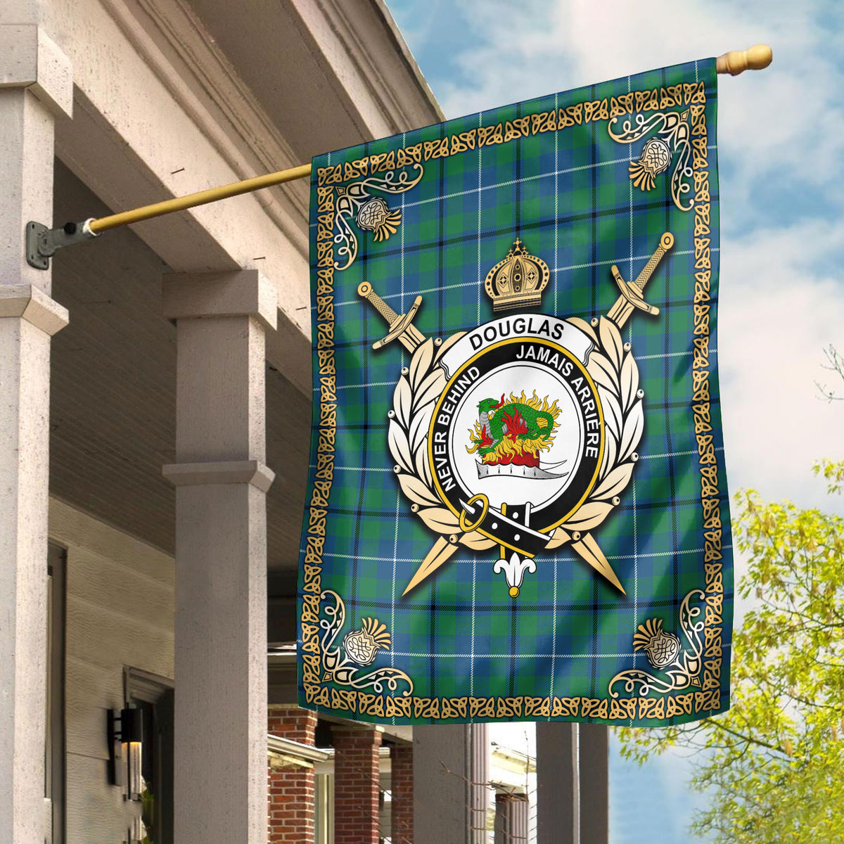 Douglas Ancient Tartan Crest Garden Flag - Celtic Thistle Style