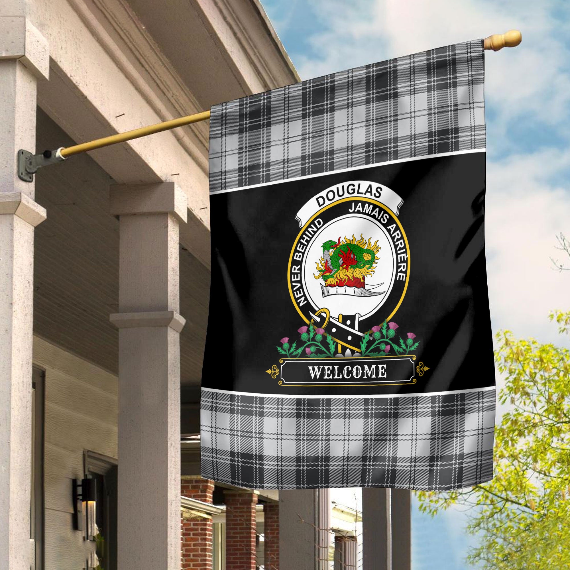 Douglas Grey Modern Tartan Crest Garden Flag - Welcome Style