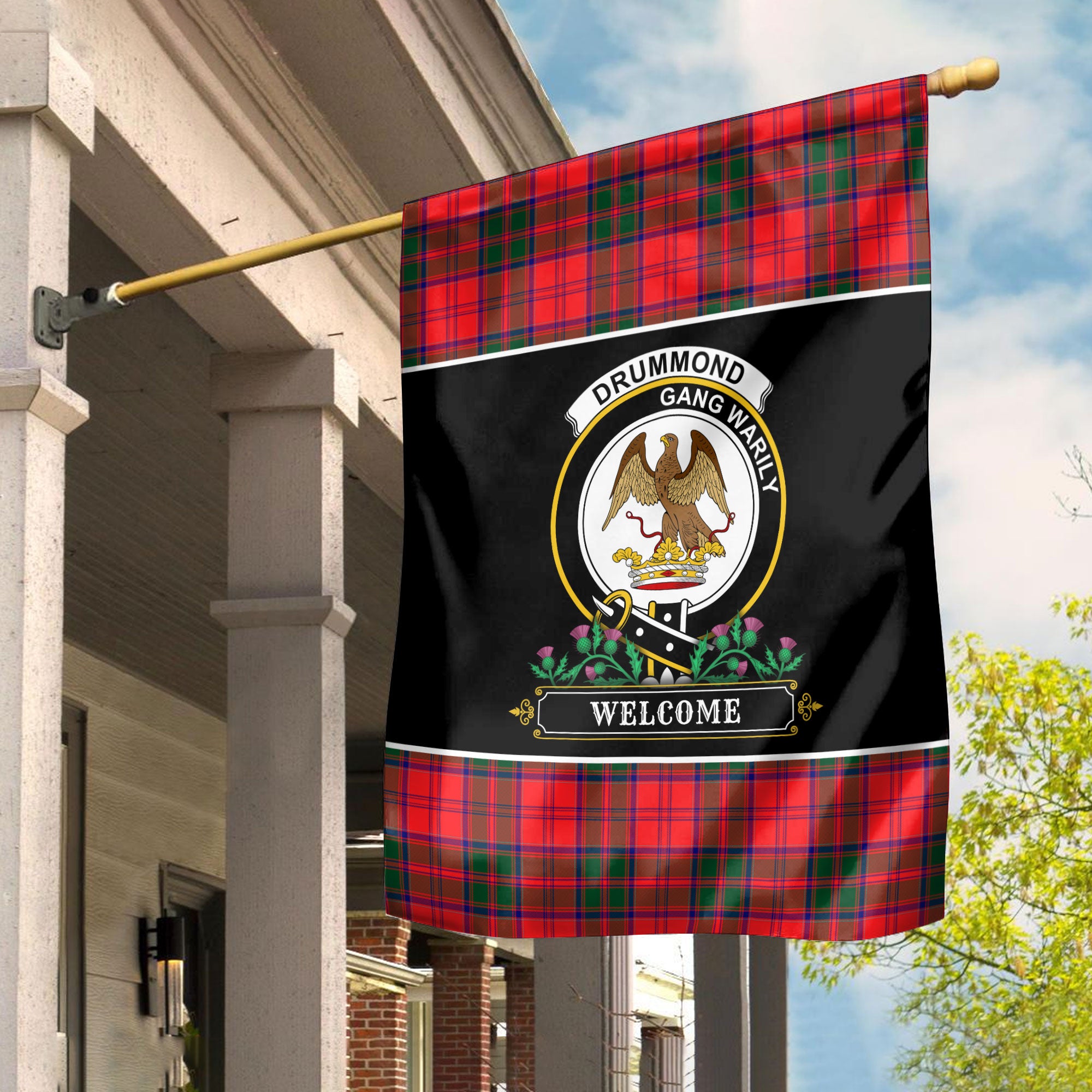 Drummond Modern Tartan Crest Garden Flag - Welcome Style