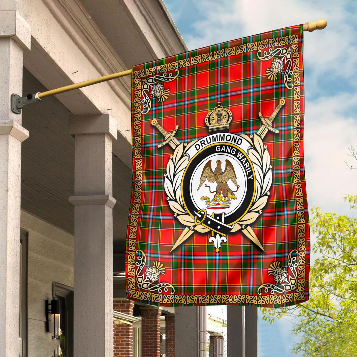 Drummond of Perth Tartan Crest Garden Flag - Celtic Thistle Style