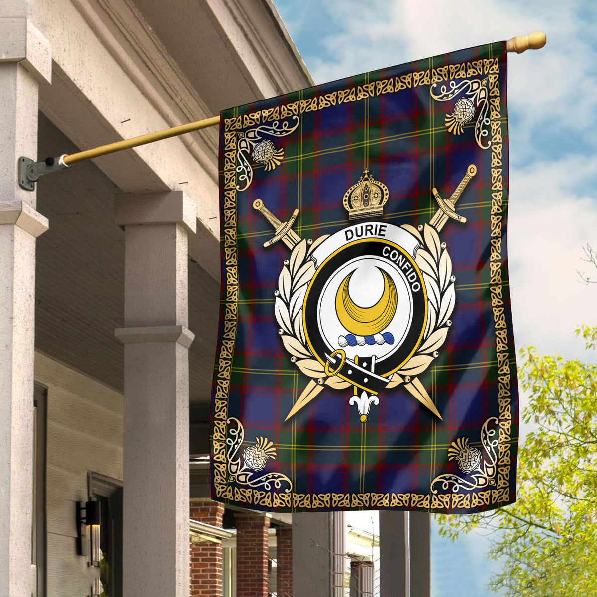 Durie Tartan Crest Garden Flag - Celtic Thistle Style