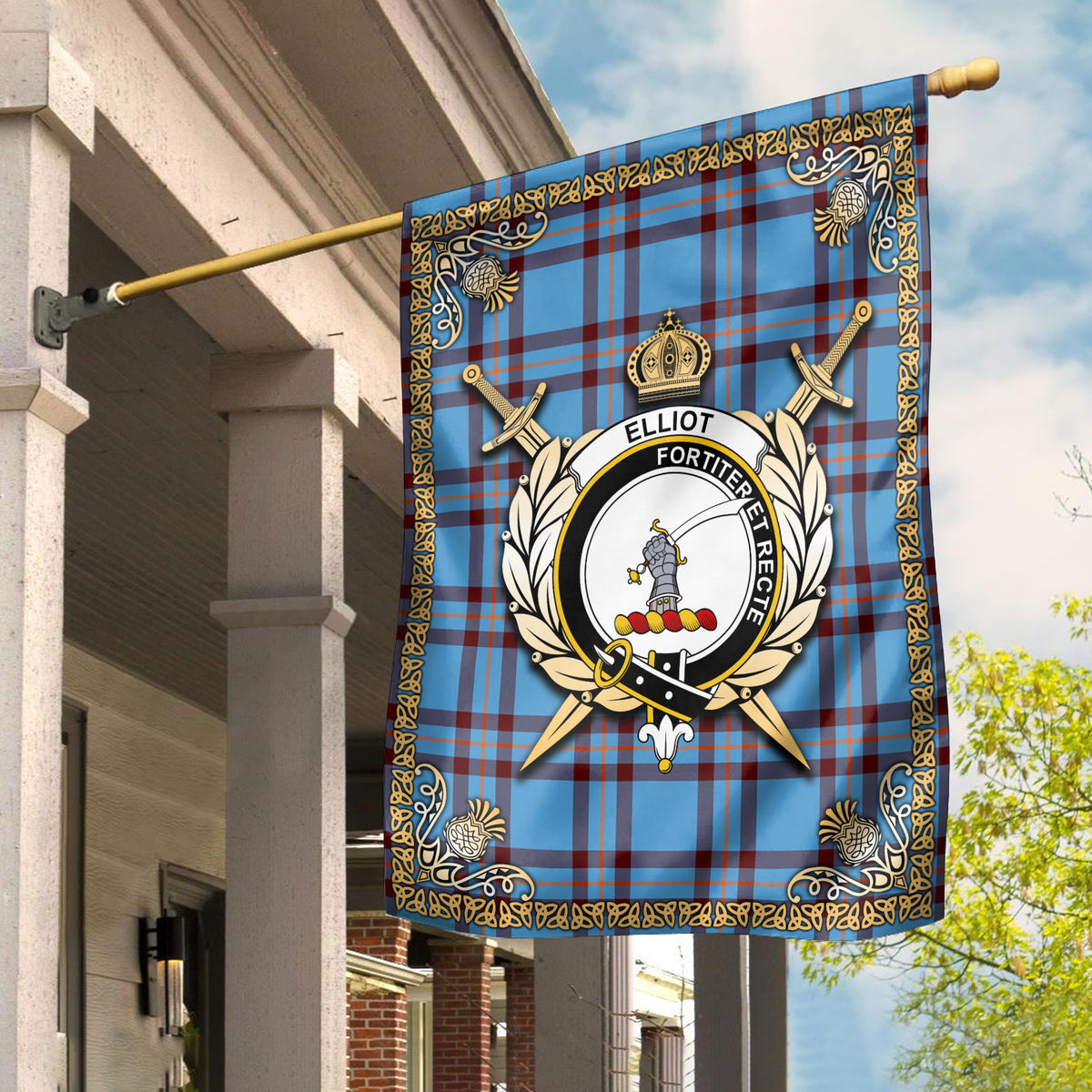 Elliot Ancient Tartan Crest Garden Flag - Celtic Thistle Style