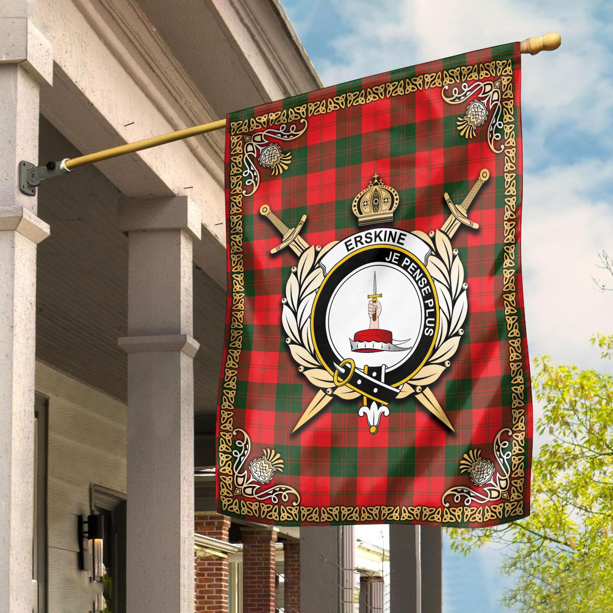 Erskine Modern Tartan Crest Garden Flag - Celtic Thistle Style