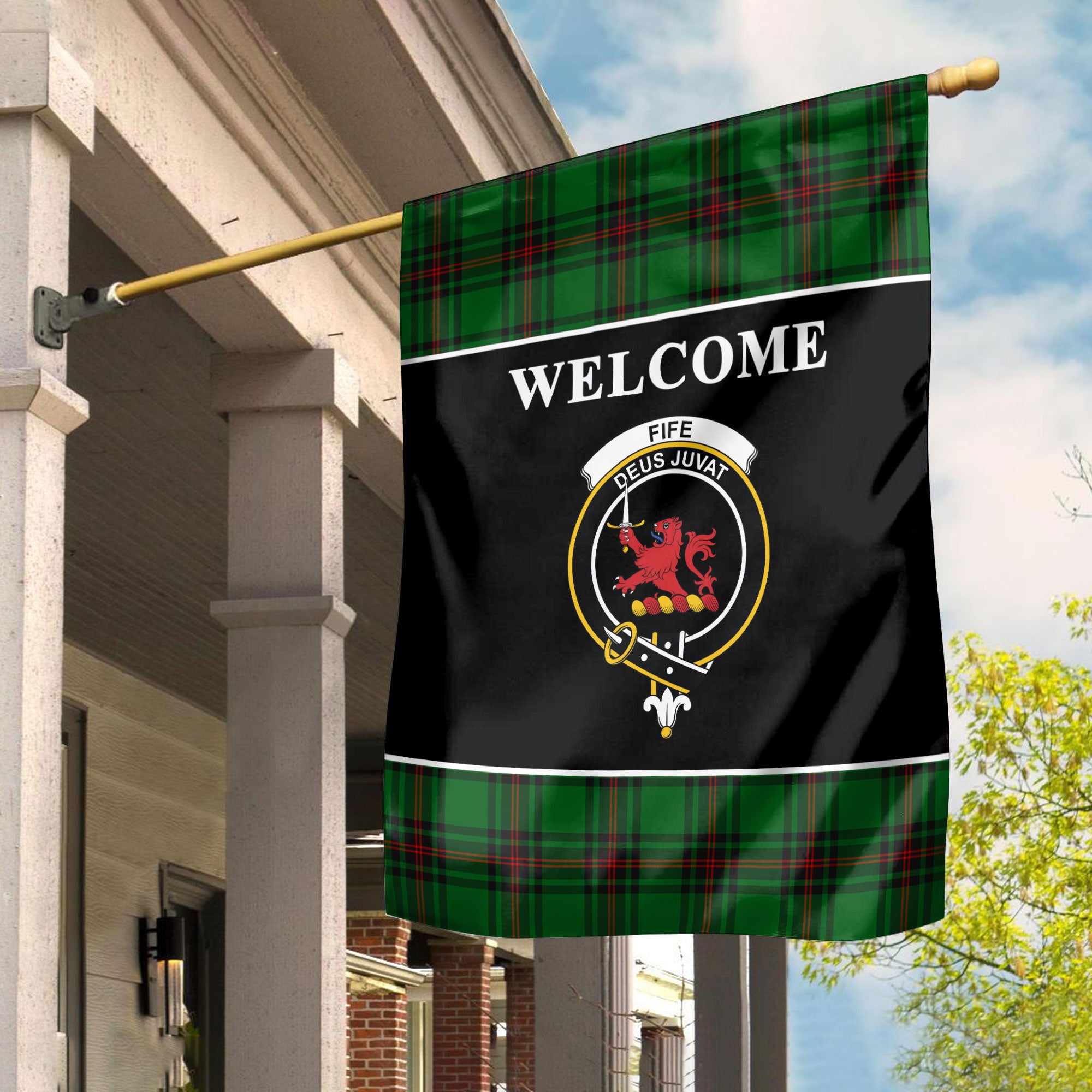 Fife District Tartan Crest Black Garden Flag