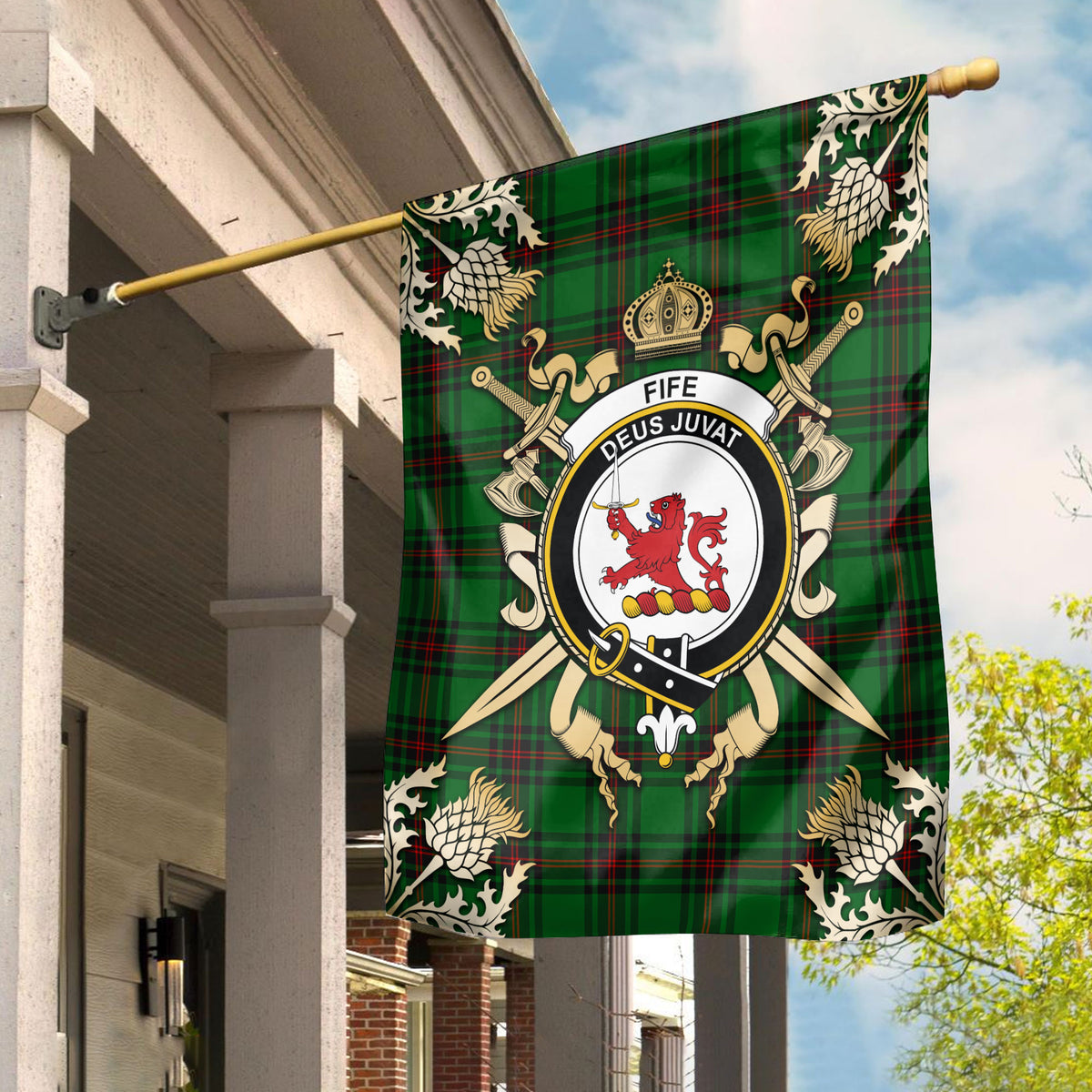 Fife District Tartan Crest Black Garden Flag - Gold Thistle Style