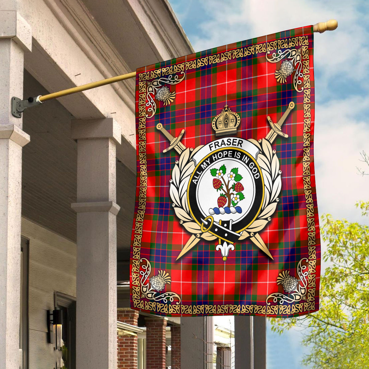 Fraser Tartan Crest Garden Flag - Celtic Thistle Style