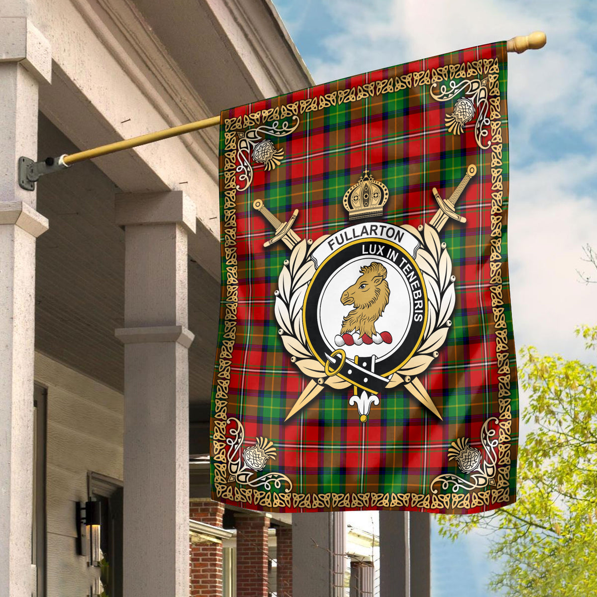 Fullarton Tartan Crest Garden Flag - Celtic Thistle Style