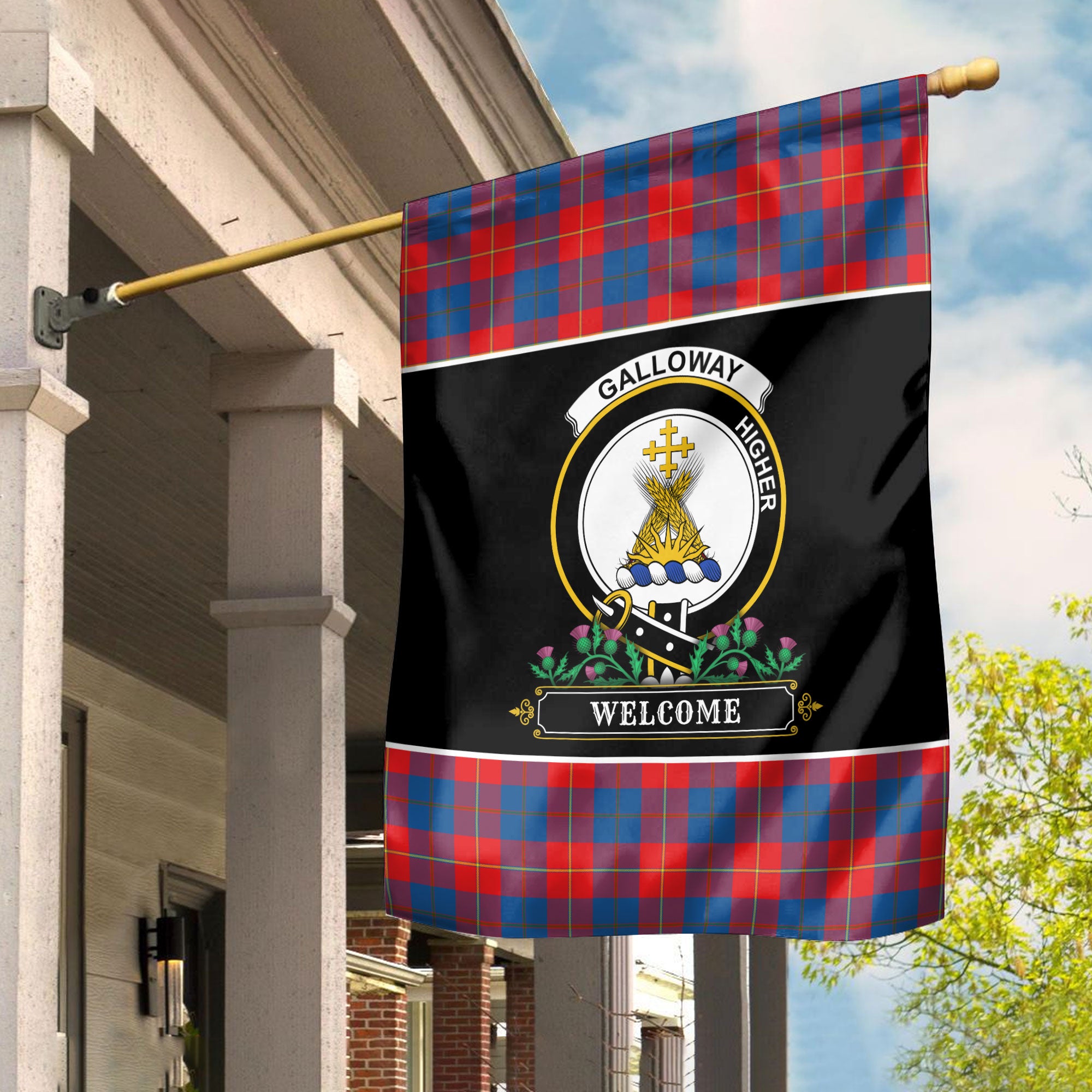 Galloway Red Tartan Crest Garden Flag - Welcome Style