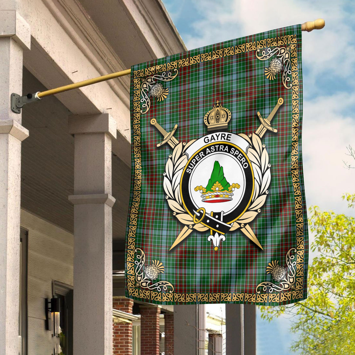 Gayre Tartan Crest Garden Flag - Celtic Thistle Style