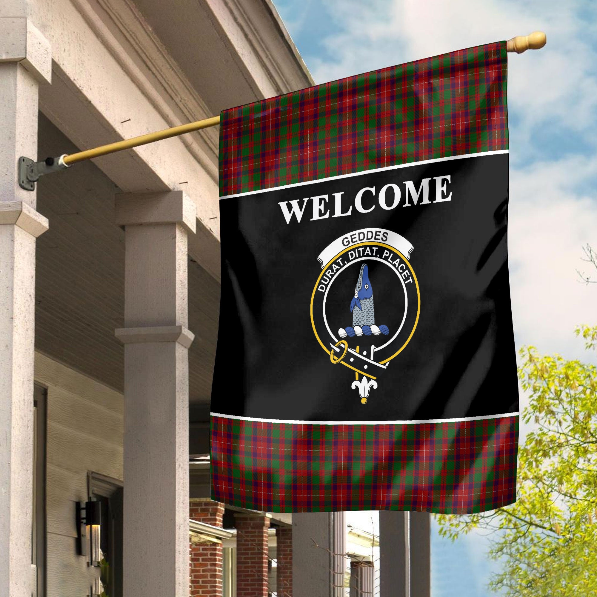 Geddes Tartan Crest Black Garden Flag