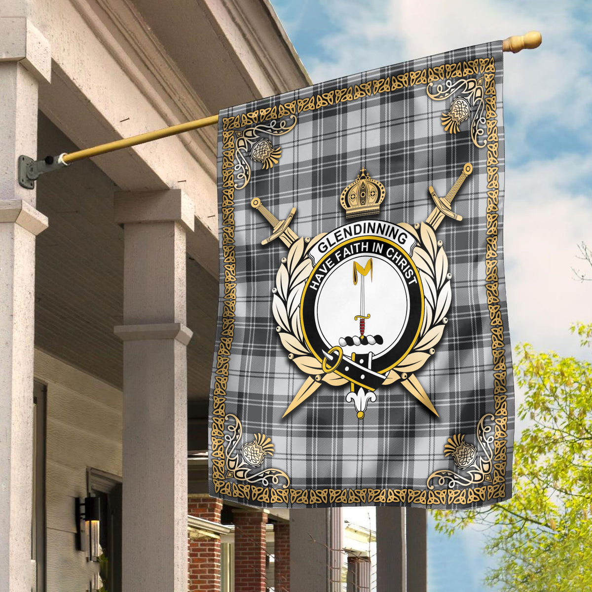 Glendinning Tartan Crest Garden Flag - Celtic Thistle Style