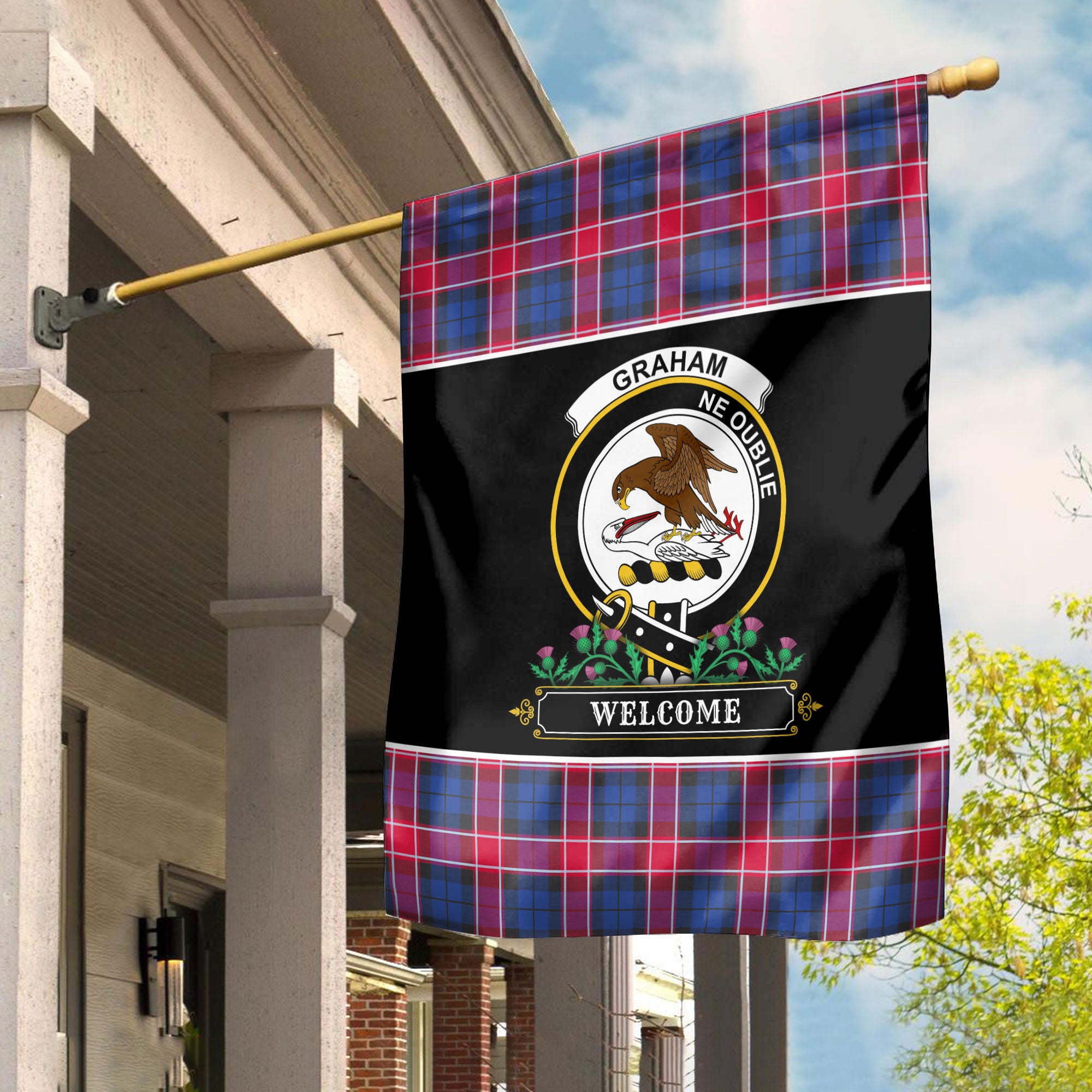 Graham of Menteith Red Tartan Crest Garden Flag - Welcome Style