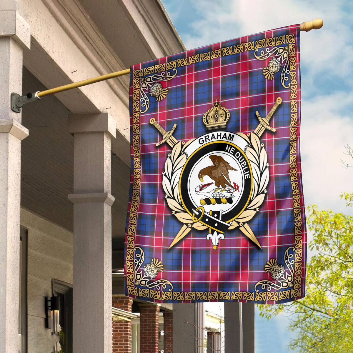 Graham of Menteith Red Tartan Crest Garden Flag - Celtic Thistle Style