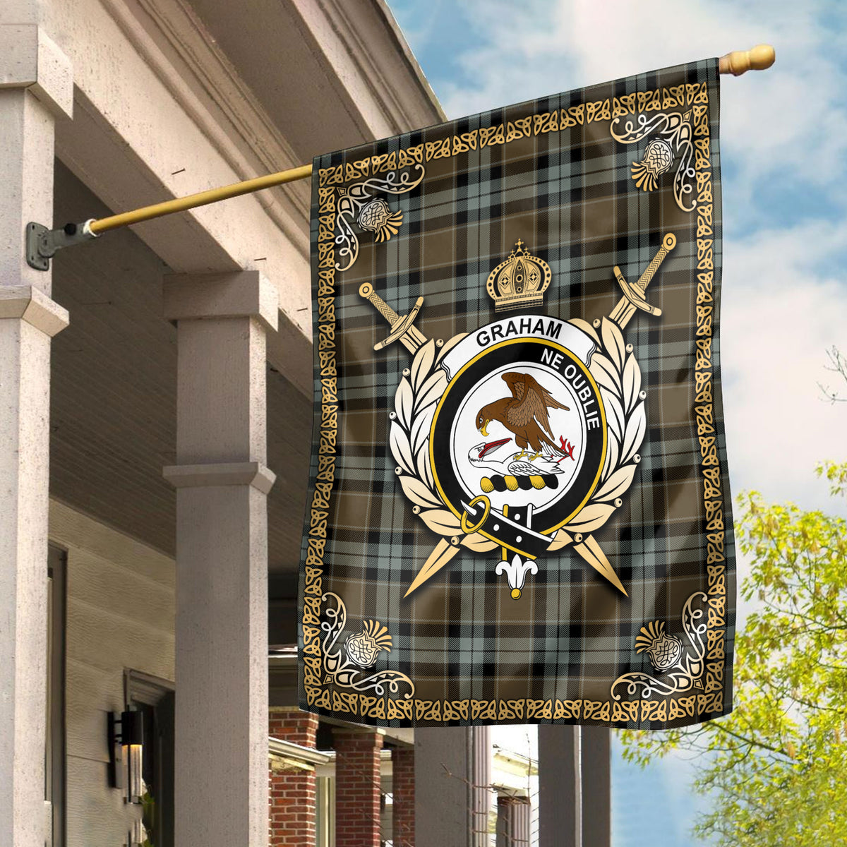 Graham of Menteith Weathered Tartan Crest Garden Flag - Celtic Thistle Style